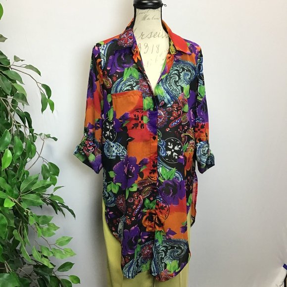 Bright Colored Floral Button Front Top, size M - Picture 2 of 8